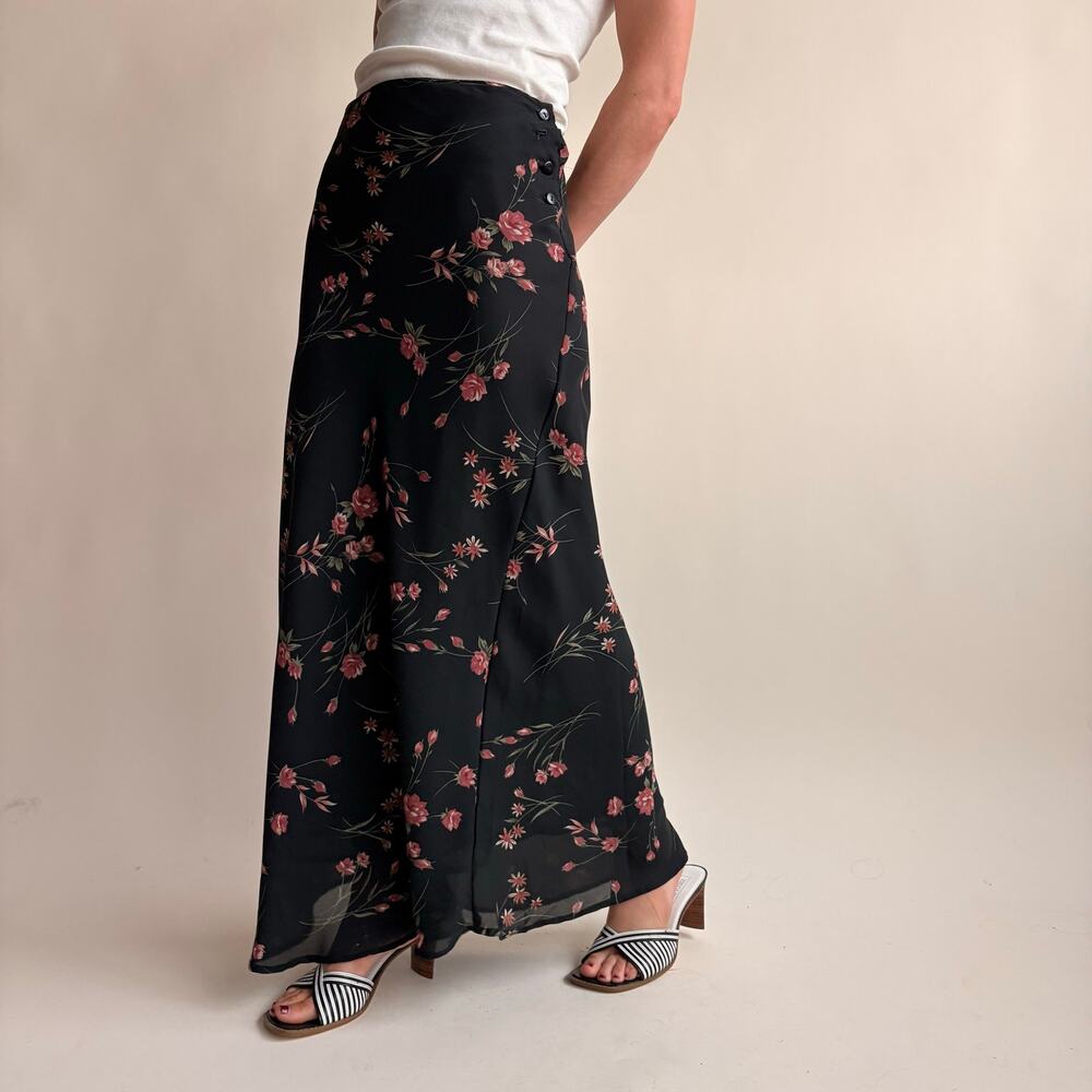 At Last & Co. Black Floral Maxi Skirt - 90s Vintage, Size L (Fits M)